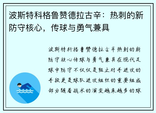 波斯特科格鲁赞德拉古辛：热刺的新防守核心，传球与勇气兼具